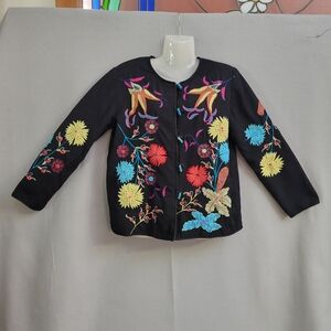 Ladies Embroidered Jacket cotton Art to Wear Small Black Colorful oversized